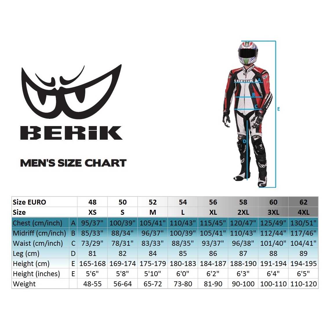 Berik Leather Suit Size Chart